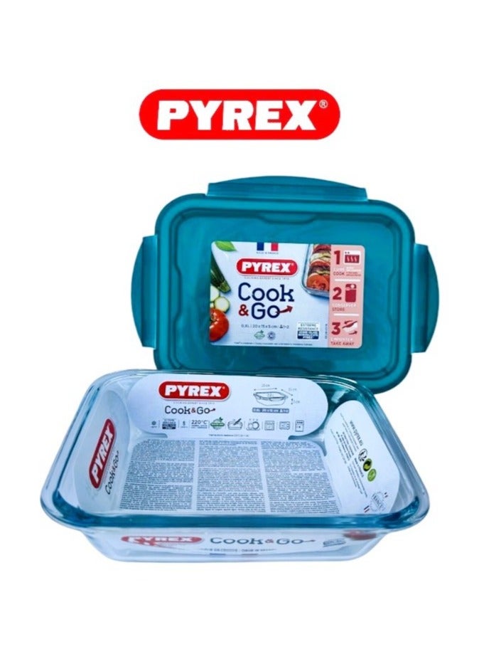 Pyrex Cook & Go Storage Dish Set - 0.8L & 1.9L Rectangular Glass Containers with Airtight Green Lids Green