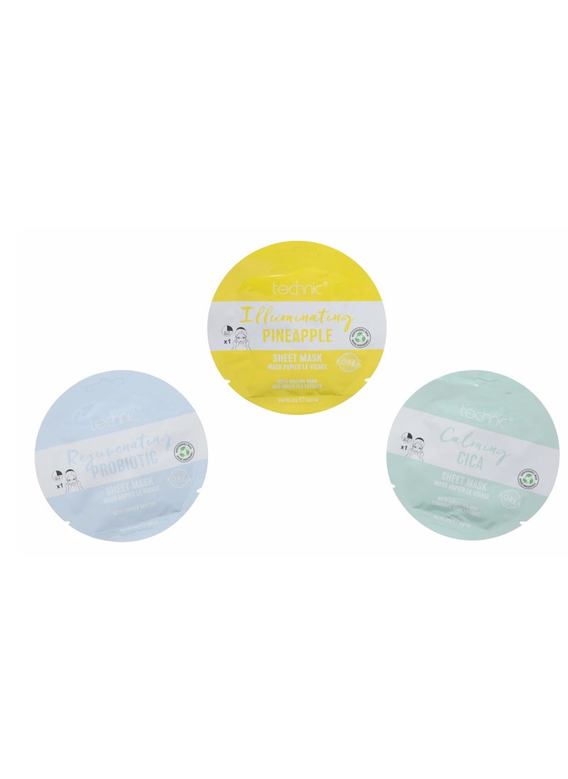 PACK OF 3  Calming Cica Mask, Rejuvenating Probiotics Mask, Illuminating Pineapple Mask