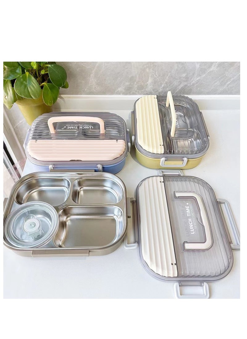 1-Piece 4 Compartment Lunch Box Bento with Tableware Stainless Steel/PP Multicolor 26.5x20.5x7.5 cm