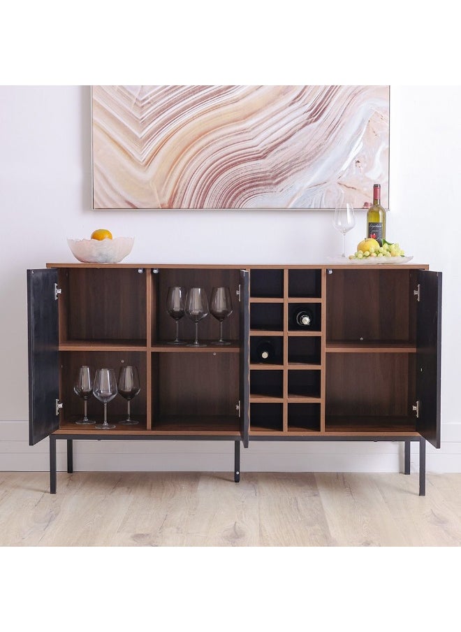 Dello Sideboard With 3 Door Storage And Bottle Rack Sturdy Kitchen Organiser Rack Modern Design Buffet Cabinet Side Board For Dining Room Bar Kitchen L140Xw40Xh85.5Cm - Walnut/Black