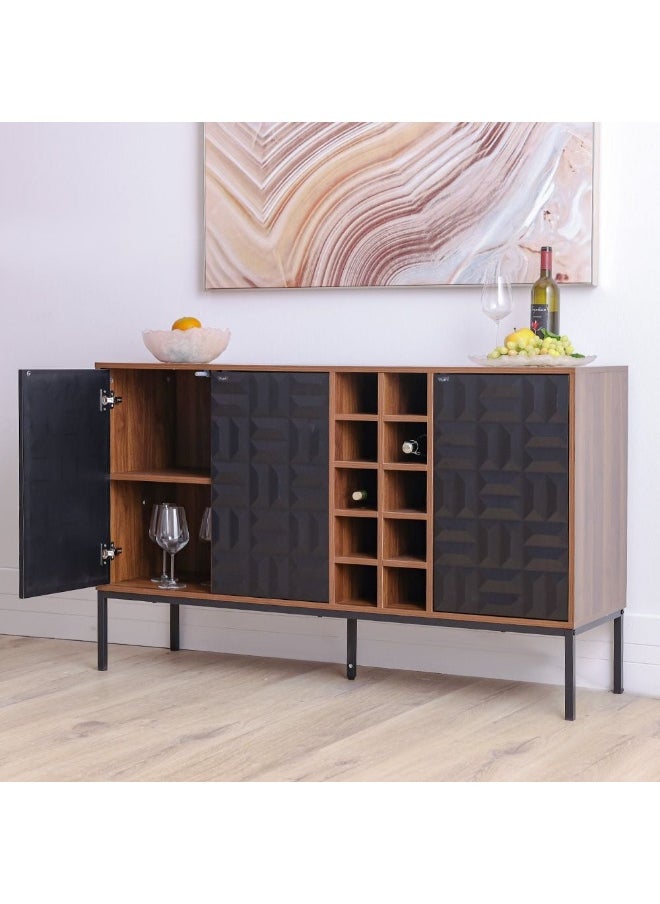 Dello Sideboard With 3 Door Storage And Bottle Rack Sturdy Kitchen Organiser Rack Modern Design Buffet Cabinet Side Board For Dining Room Bar Kitchen L140Xw40Xh85.5Cm - Walnut/Black