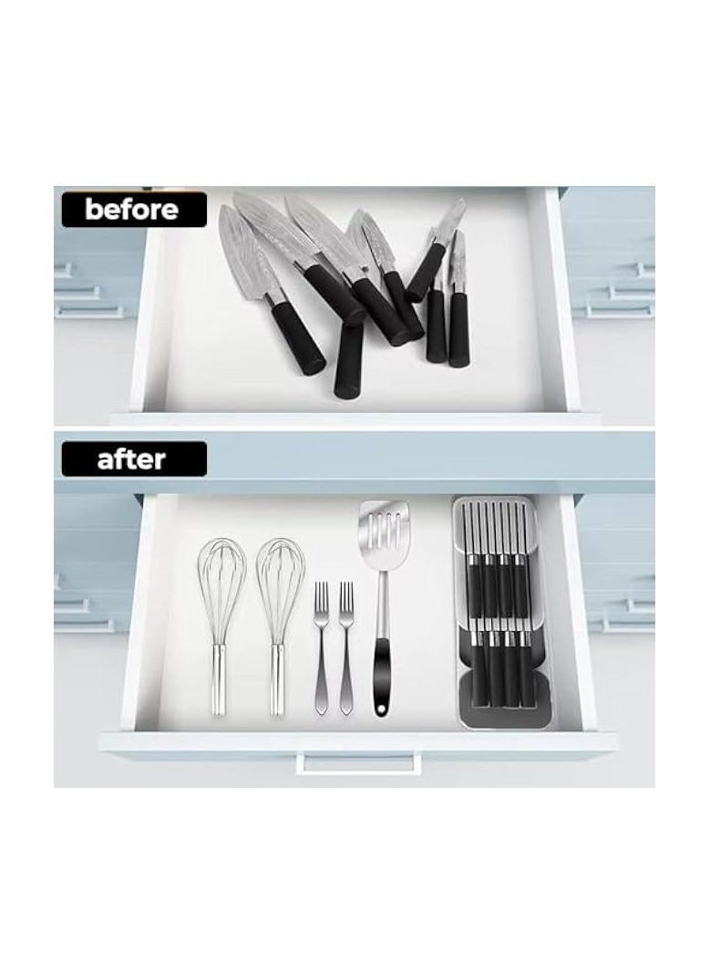 Knife Drawer Organizer | 2-Tier Plastic Knife Storage Insert for Kitchen Drawers | Compact & Space-Saving Knife Holder for Small and Large Knives | Cutlery Organizer for Kitchen Storage