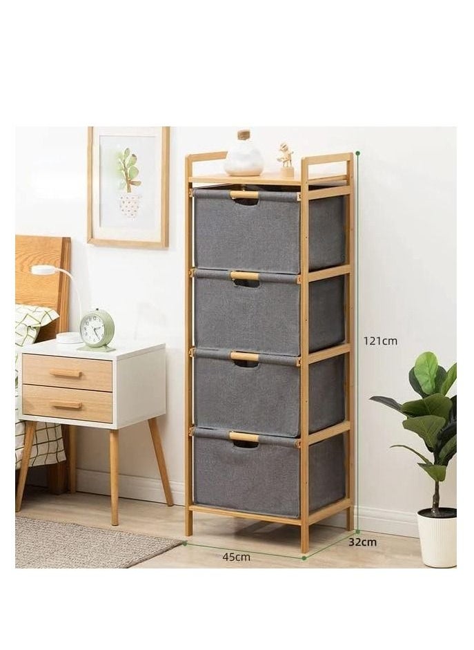 Freestanding Storage Shelf Hamper with Pull Out Drawers for Towels Linens Sheets Clothes Natural Bamboo Wooden Organizer Basket for Bedroom Bathroom Laundry (4 Layer)