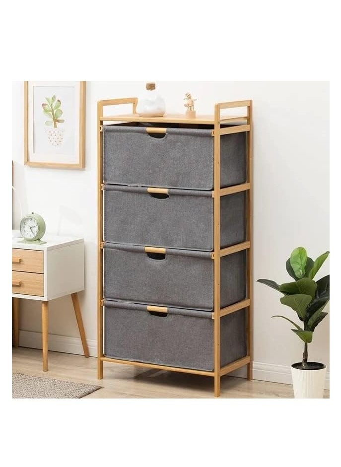 Freestanding Storage Shelf Hamper with Pull Out Drawers for Towels Linens Sheets Clothes Natural Bamboo Wooden Organizer Basket for Bedroom Bathroom Laundry (4 Layer)