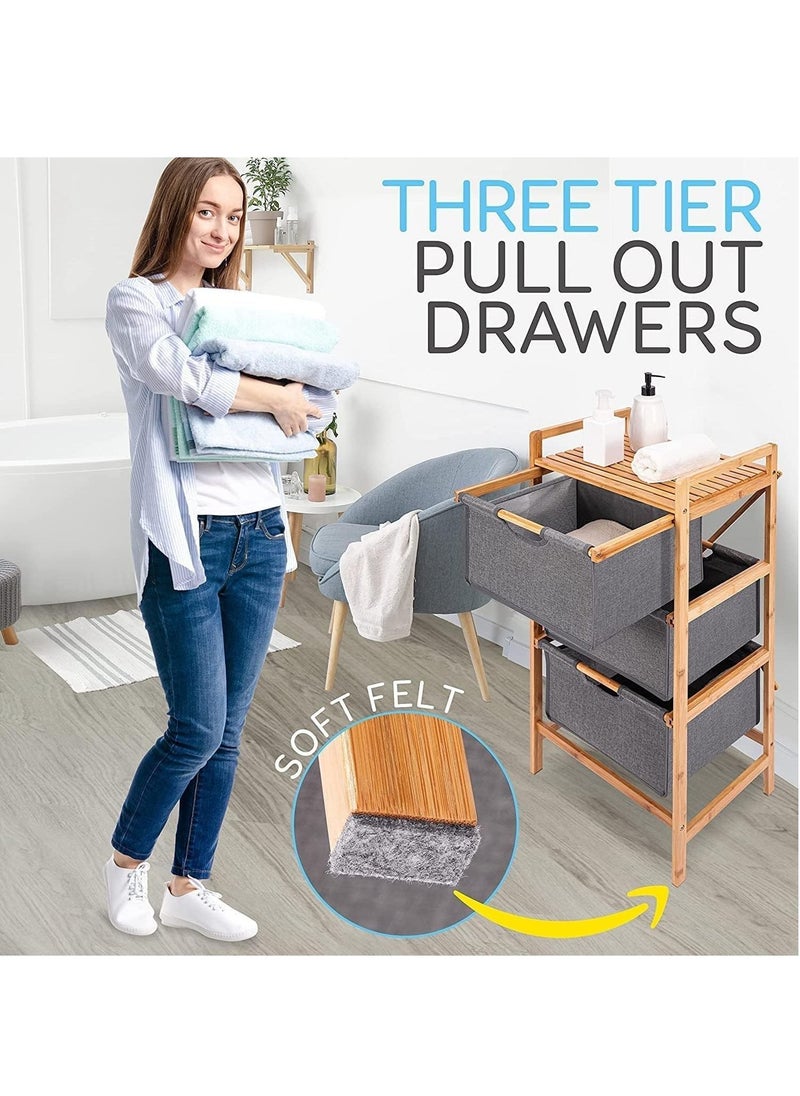 Freestanding Storage Shelf Hamper with Pull Out Drawers for Towels Linens Sheets Clothes Natural Bamboo Wooden Organizer Basket for Bedroom Bathroom Laundry (4 Layer)