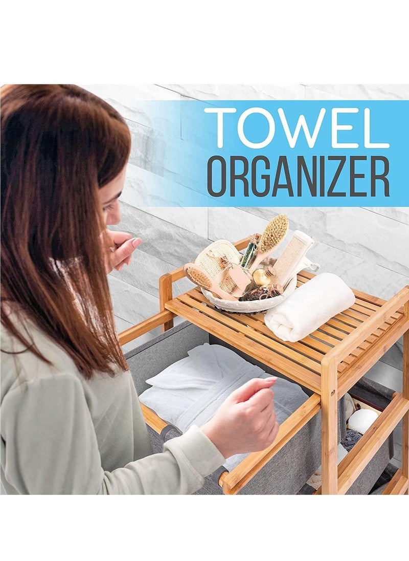 Freestanding Storage Shelf Hamper with Pull Out Drawers for Towels Linens Sheets Clothes Natural Bamboo Wooden Organizer Basket for Bedroom Bathroom Laundry (4 Layer)