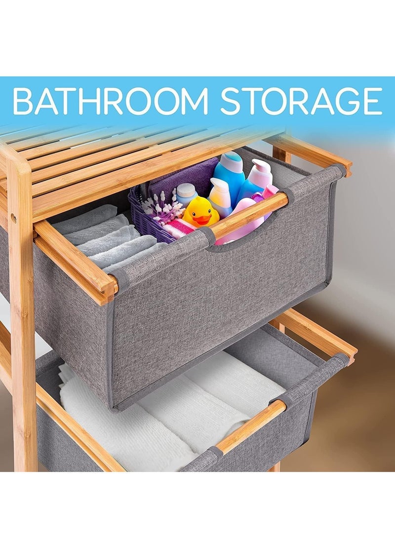 Freestanding Storage Shelf Hamper with Pull Out Drawers for Towels Linens Sheets Clothes Natural Bamboo Wooden Organizer Basket for Bedroom Bathroom Laundry (4 Layer)