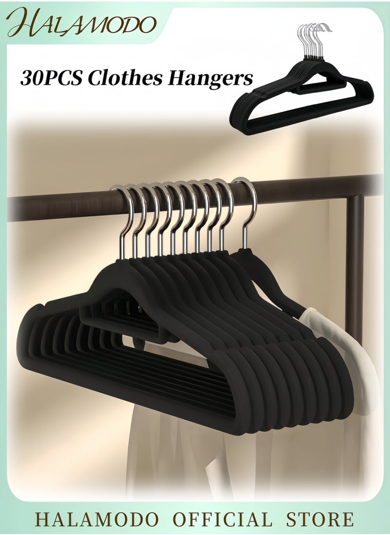 30PCS Clothes Hangers Premium Thickened Flocking hangers Non-Slip Space Saving Clothes Hanger Heavy Duty Durable Black Hangers Notched Hanger for Coats & Pants & Dress