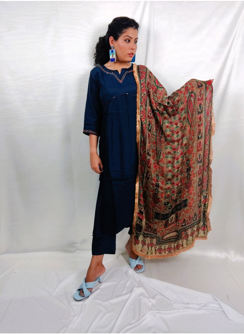 PRIYA'S PANACHE Muslin Blue Straight Kurta Pant Printed Dupatta Set - Designer Festival Traditional Ethnic Indian Partywear For Women