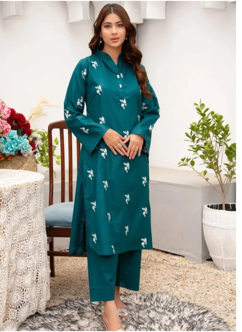 Teal Embroidered Cotton Kurta Pant Set