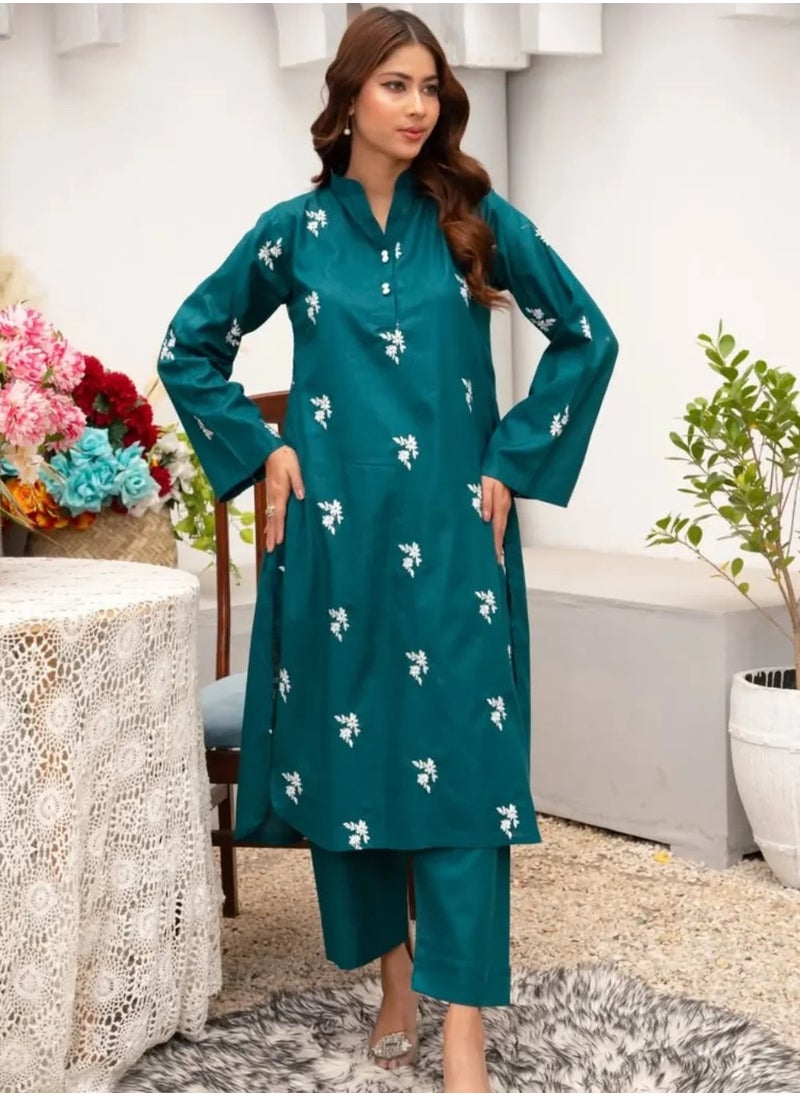 Teal Embroidered Cotton Kurta Pant Set