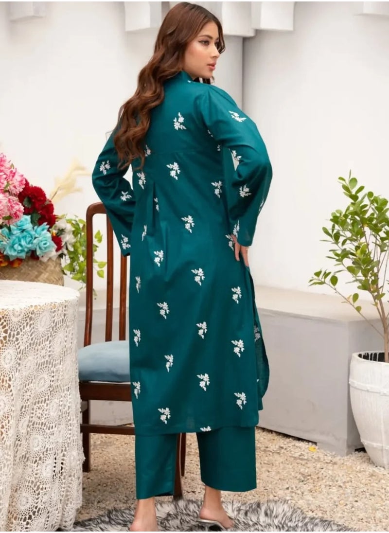 Teal Embroidered Cotton Kurta Pant Set