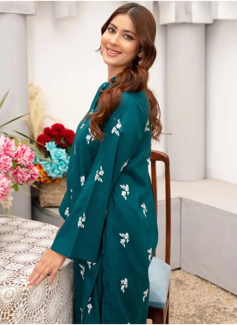 Teal Embroidered Cotton Kurta Pant Set