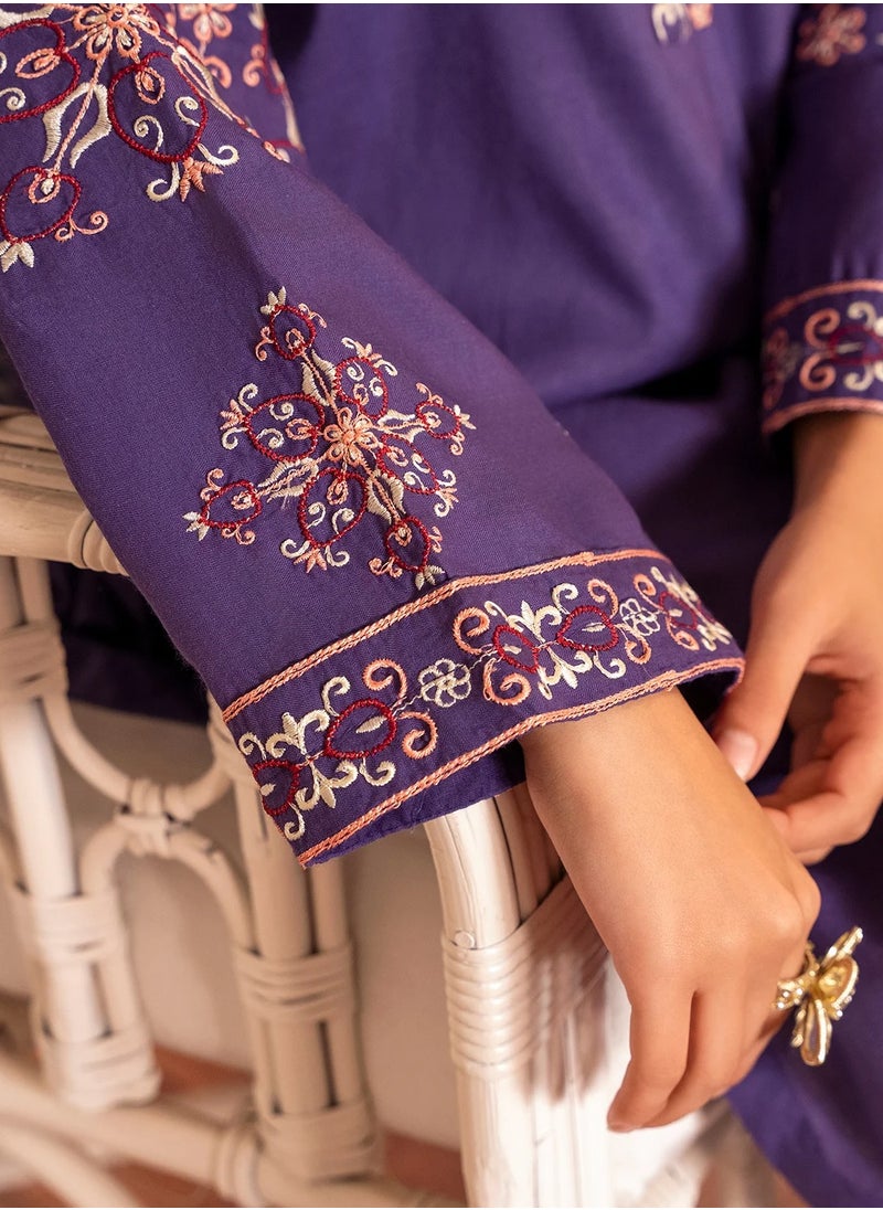 Purple Embroidered Cotton Kurta Set