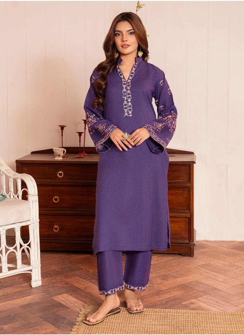 Purple Embroidered Cotton Kurta Set