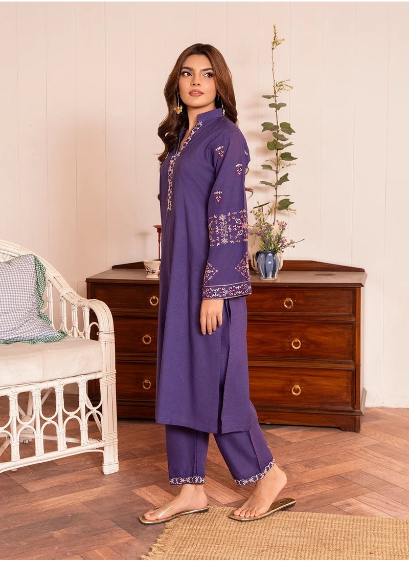 Purple Embroidered Cotton Kurta Set