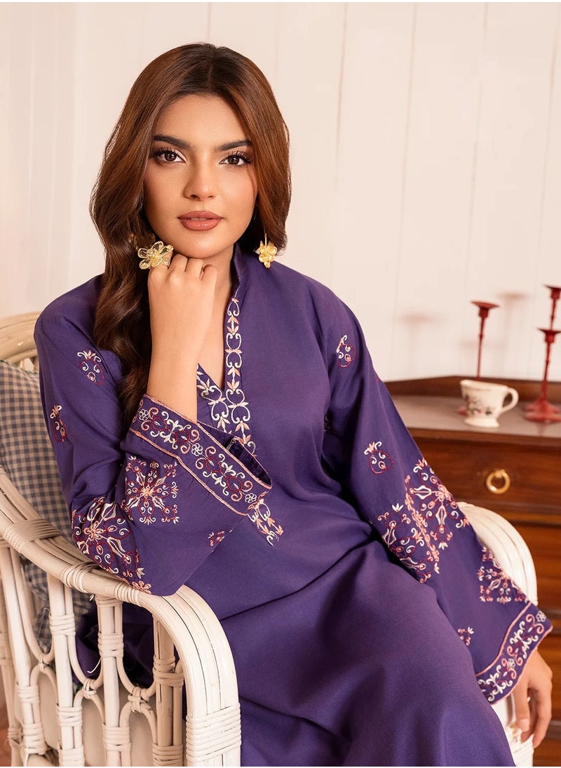 Purple Embroidered Cotton Kurta Set