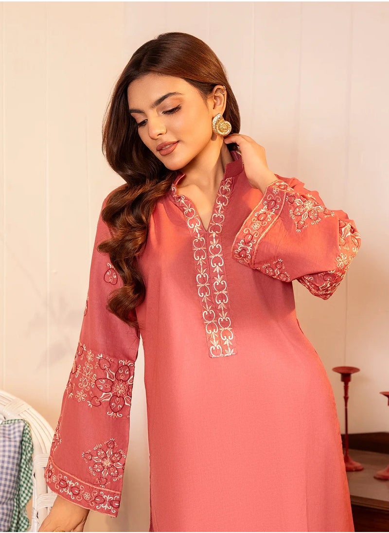 Tea Rose Embroidered Cotton Kurta Set