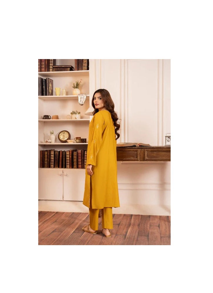 Mustard Embroidered Cotton Kurta Pant Set