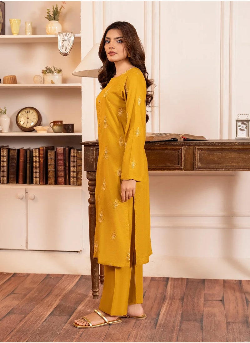 Mustard Embroidered Cotton Kurta Pant Set