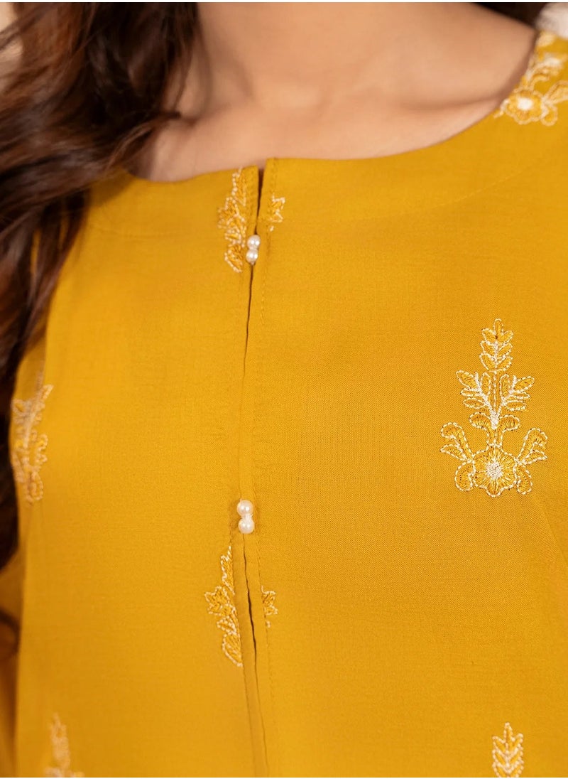 Mustard Embroidered Cotton Kurta Pant Set