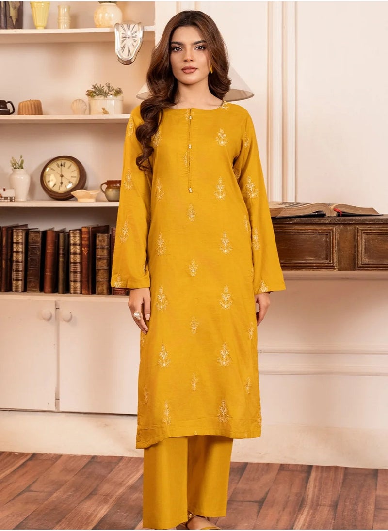 Mustard Embroidered Cotton Kurta Pant Set