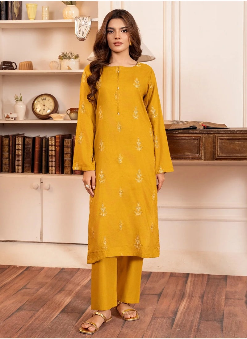 Mustard Embroidered Cotton Kurta Pant Set