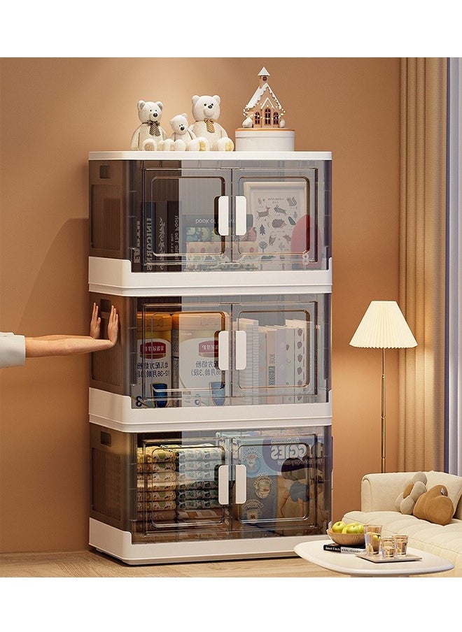 3-Tier Transparent Storage Cabinet with Doors and Wheels - 60x34.5x96CM - Durable PP Material