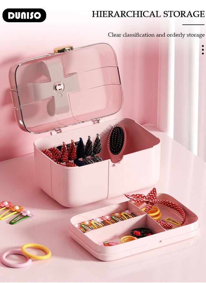 2 Layers Hair Accessories Storage Box with Lid, Hairband Hair Clip Jewelry Organizer, Lockable Desktop Storage Box, Portable Medicine Storage Box, Multipurpose Organizer Case for Hair Clips, Makeup, Sewing Art