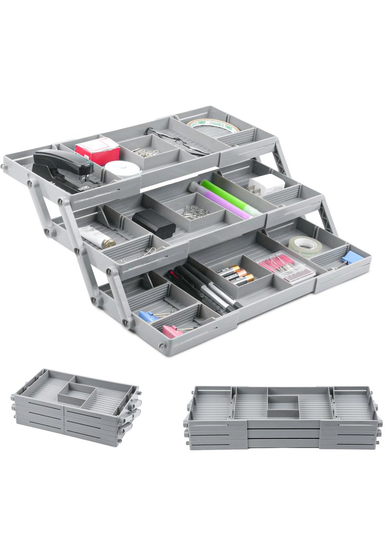 3 Tier Drawer Organizer Expandable Collapsible Multi Level Storage Trays for Office Bathroom Kitchen, Drawer Organizer for Jewelry, Junk, Makeup, Silverware and small items