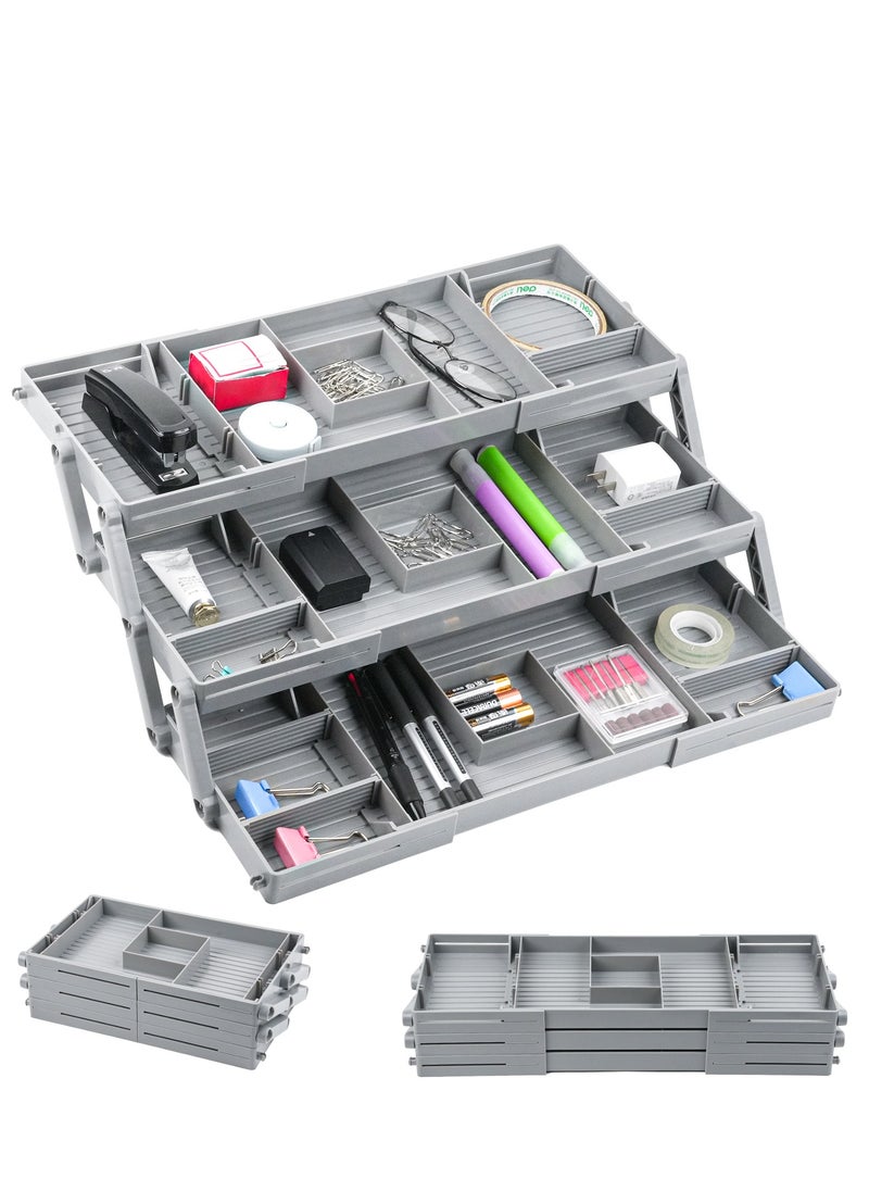 3 Tier Drawer Organizer Expandable Collapsible Multi Level Storage Trays for Office Bathroom Kitchen, Drawer Organizer for Jewelry, Junk, Makeup, Silverware and small items