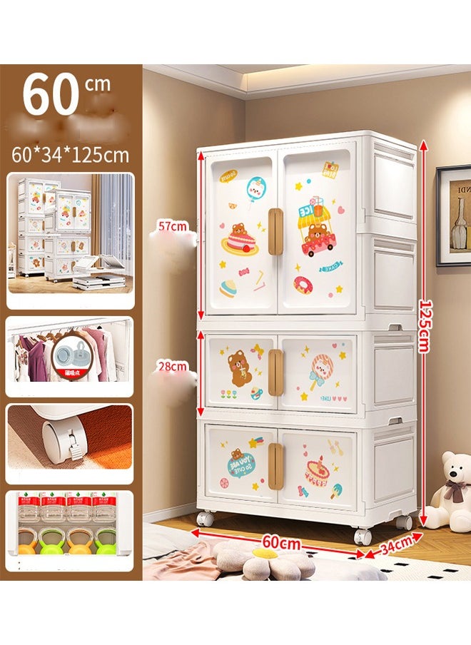 Multi-Functional Storage Cabinet with Wheels - 3-Layer Wardrobe Organizer,Cartoon Design - 60x34x125 CM