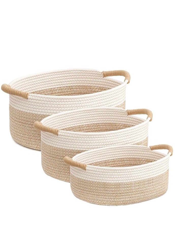 Cotton Rope Storage Basket with Handles, Pack of 3 Sizes Basket,Home Decor Basket, Woven Towel Basket, Book Storage Basket for Shelves,Toys,Nursery,Baby