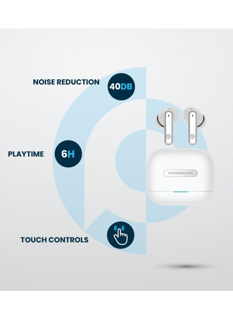 Hybrid ANC+ENC 6Mic Earphone - BT V5.3, Dual EQ Mode for Game and Music, 6-Hour Playtime, Fast Charging, IPX4 Water Resistance, Touch Controls, 350 mAh Charging Case Capacity_White