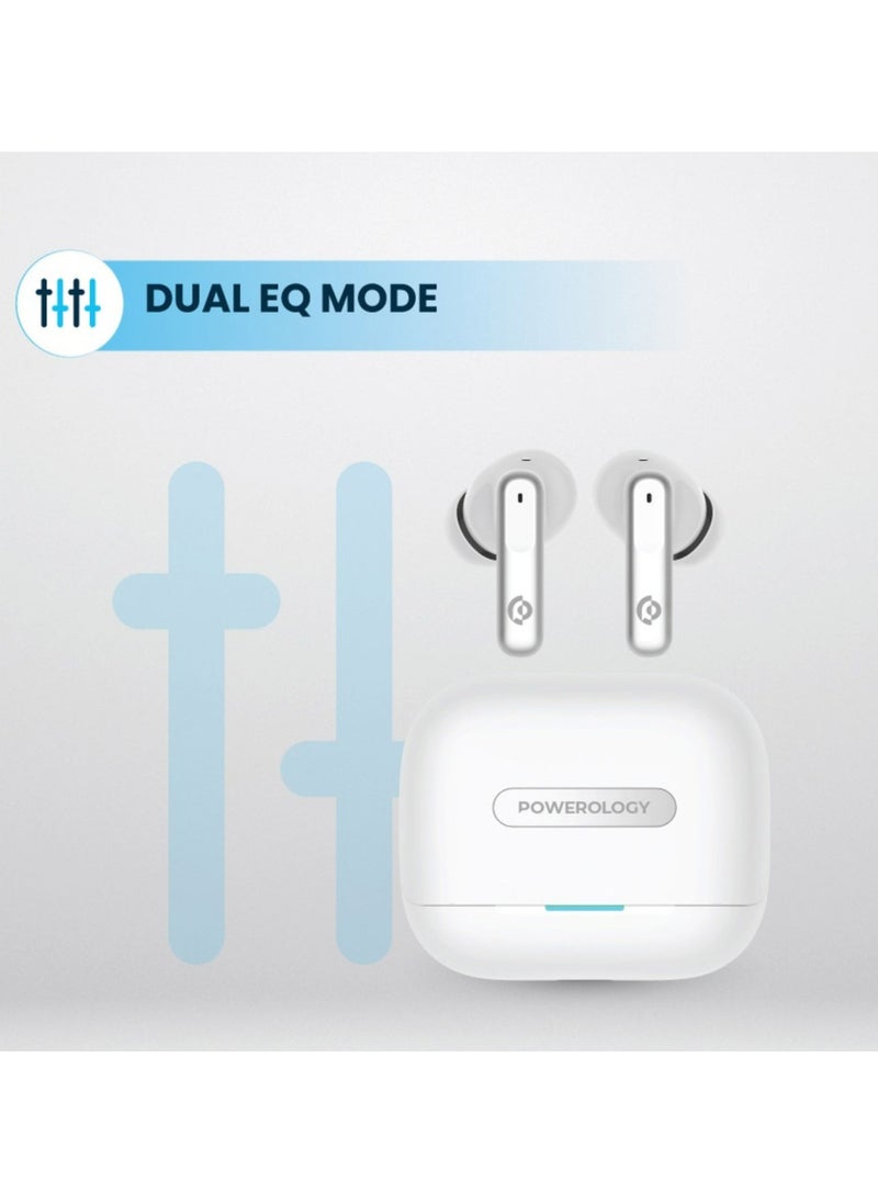 Hybrid ANC+ENC 6Mic Earphone - BT V5.3, Dual EQ Mode for Game and Music, 6-Hour Playtime, Fast Charging, IPX4 Water Resistance, Touch Controls, 350 mAh Charging Case Capacity_White