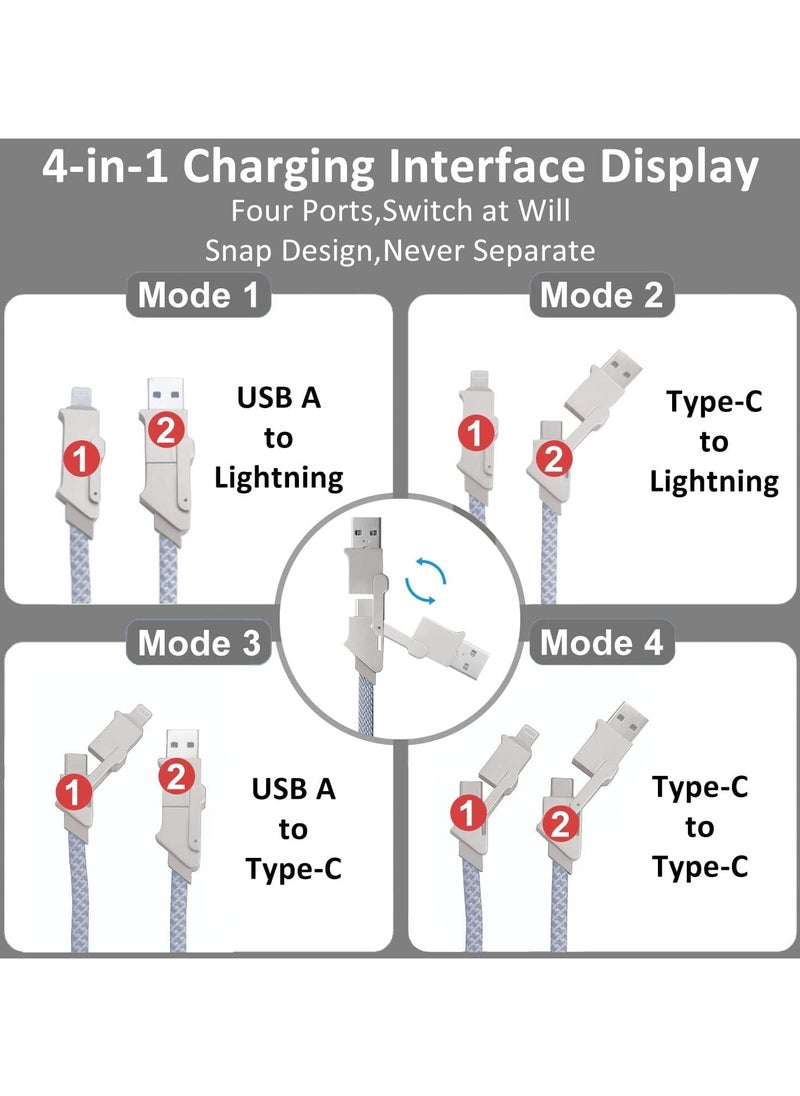 4 in 1 USB C Charging Cable, 60W Fast Charging & Data Sync, Flat Braided Anti-Tangle Charger Cord, Multi Charging Cable, with Type C/USB A Ports (3.3ft), USB C Fast Charging Cable