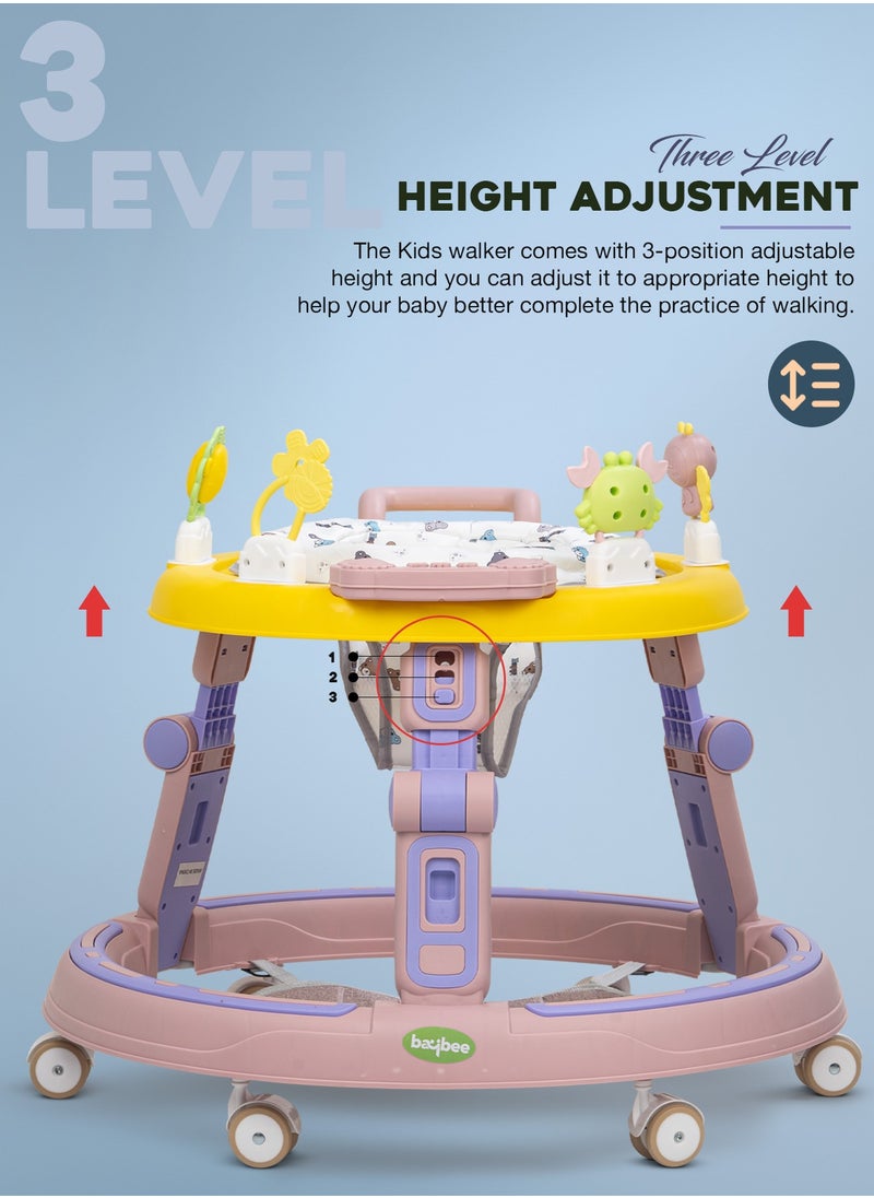 Baybee 2 in1 Push Baby Walker for Kids, Round Kids Walker with Push handle, 360 Rotatable Seat, Musical Toy Bar & Footmat | Kids Activity Walker | Push Walker for Baby Boy Girl 6 to 24 Months Pink