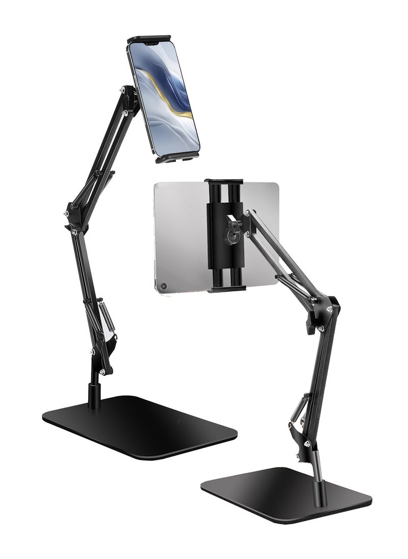 Tablet Floor Stand with Double Weight Base, Overhead Bed Phone Mount Height Adjustable Arm Stretchable Stand Holder, Compatible with Cell Phones iPad Mini Air Pro, Galaxy Tab, Kindle, Switch