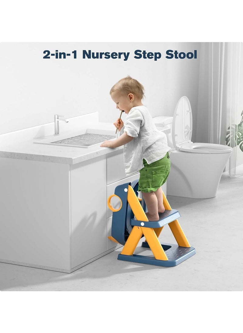 Potty Training Seat with Step Stool for Boys & Girls – 2-in-1 Adjustable Toilet Ladder, Non-Slip Waterproof Cushion, Foldable Design, for Toddlers 2-7 Years, Fits Most Toilet Shapes - Yellow/Blue