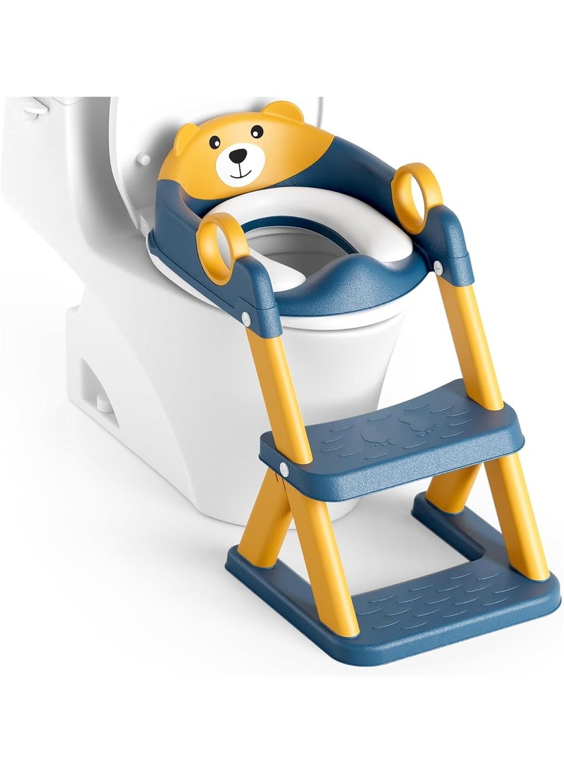 Potty Training Seat with Step Stool for Boys & Girls – 2-in-1 Adjustable Toilet Ladder, Non-Slip Waterproof Cushion, Foldable Design, for Toddlers 2-7 Years, Fits Most Toilet Shapes - Yellow/Blue