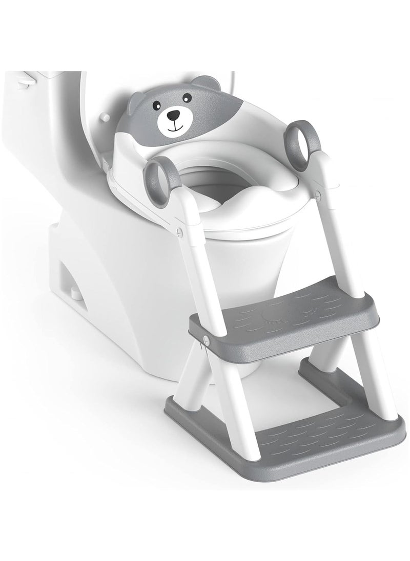 Potty Training Seat with Step Stool for Boys & Girls – 2-in-1 Adjustable Toilet Ladder, Non-Slip Waterproof Cushion, Foldable Design, for Toddlers 2-7 Years, Fits Most Toilet Shapes - Grey