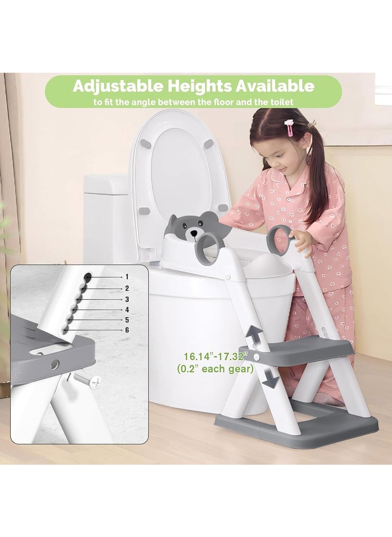 Potty Training Seat with Step Stool for Boys & Girls – 2-in-1 Adjustable Toilet Ladder, Non-Slip Waterproof Cushion, Foldable Design, for Toddlers 2-7 Years, Fits Most Toilet Shapes - Grey