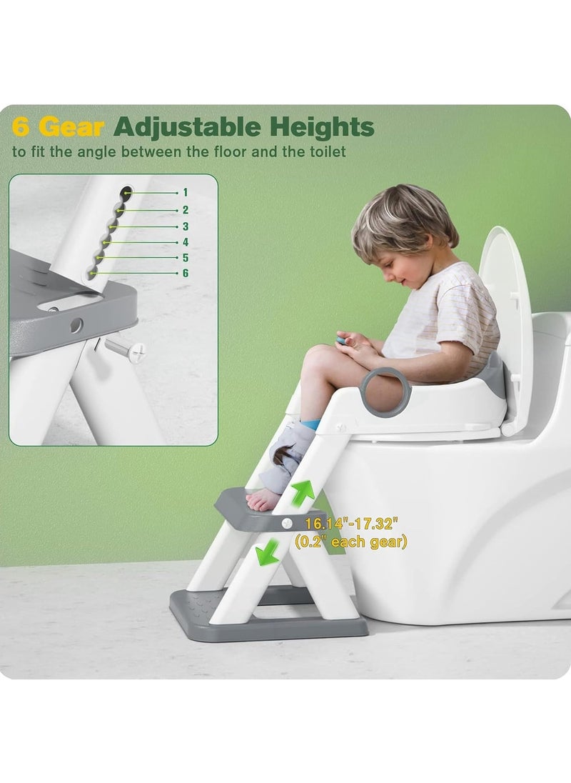 Potty Training Seat with Step Stool for Boys & Girls – 2-in-1 Adjustable Toilet Ladder, Non-Slip Waterproof Cushion, Foldable Design, for Toddlers 2-7 Years, Fits Most Toilet Shapes - Grey