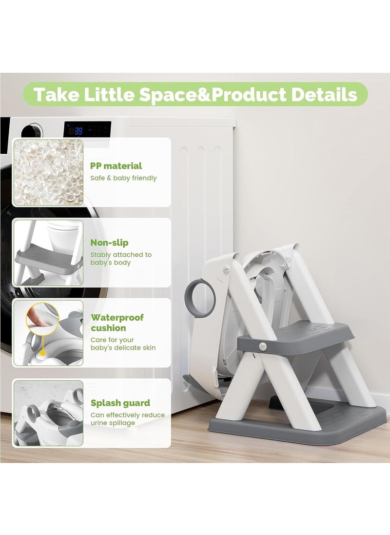 Potty Training Seat with Step Stool for Boys & Girls – 2-in-1 Adjustable Toilet Ladder, Non-Slip Waterproof Cushion, Foldable Design, for Toddlers 2-7 Years, Fits Most Toilet Shapes - Grey