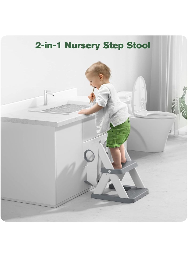 Potty Training Seat with Step Stool for Boys & Girls – 2-in-1 Adjustable Toilet Ladder, Non-Slip Waterproof Cushion, Foldable Design, for Toddlers 2-7 Years, Fits Most Toilet Shapes - Grey