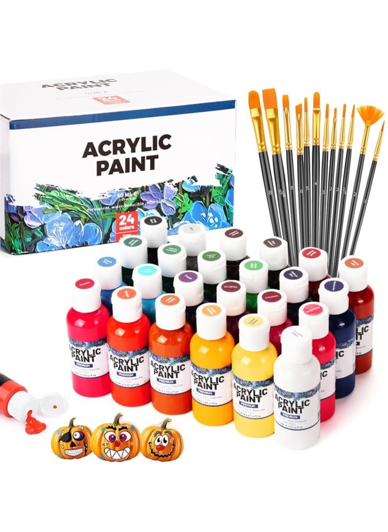 Acrylic Paint Set, 24 Vibrant Colors 2.0 fl oz Bottles, Non-Toxic Art Paint with 12 Brush Set for Canvas, Wood, Ceramic, Rock Painting, Craft Supplies for Kids, Beginners, Adults, Artists