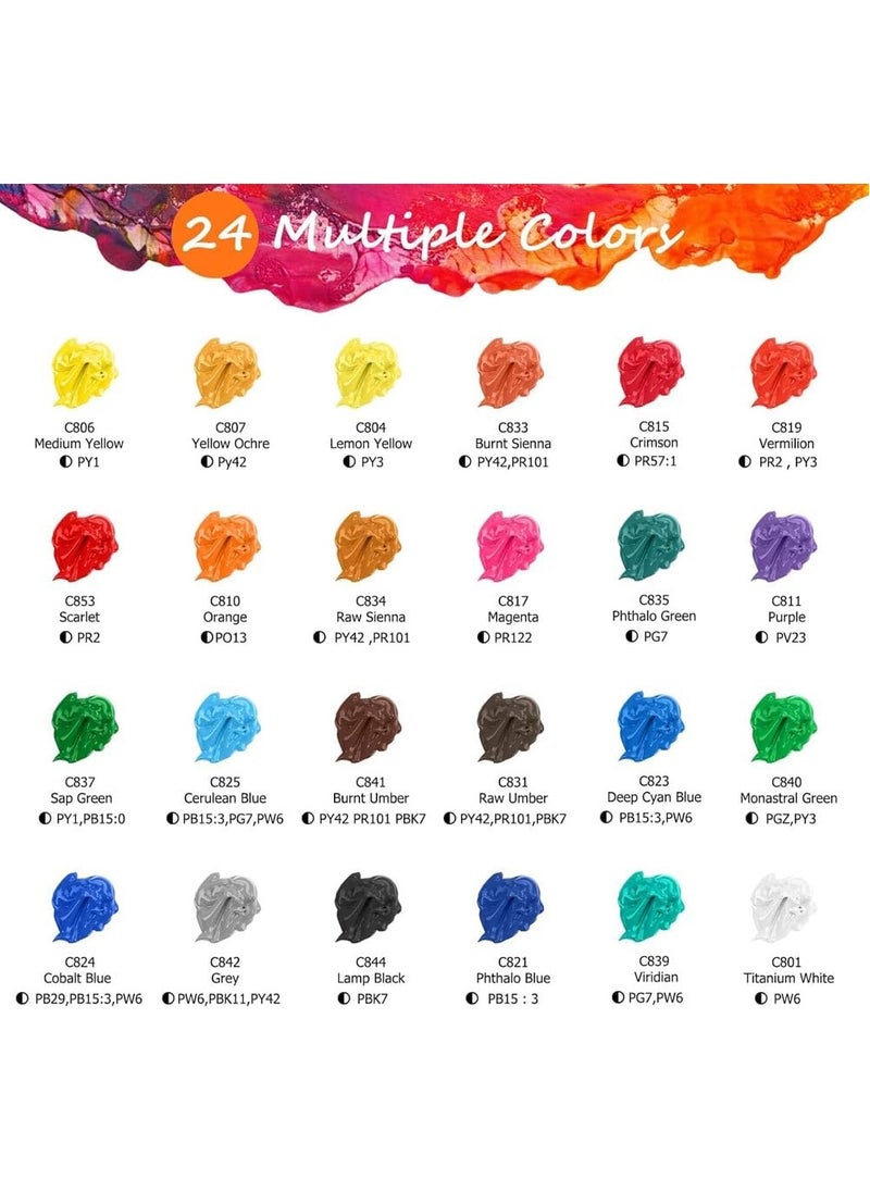 Acrylic Paint Set, 24 Vibrant Colors 2.0 fl oz Bottles, Non-Toxic Art Paint with 12 Brush Set for Canvas, Wood, Ceramic, Rock Painting, Craft Supplies for Kids, Beginners, Adults, Artists