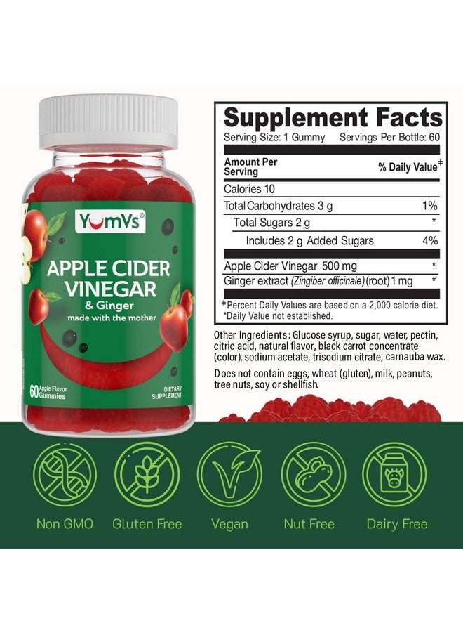 Apple Cider Vinegar Gummies with The Mother + Ginger by YumVs | Non GMO, Vegetarian Supplement for Women & Men | Heart Health and Digestive Support | Natural Apple Flavor Chewables - 60 Count