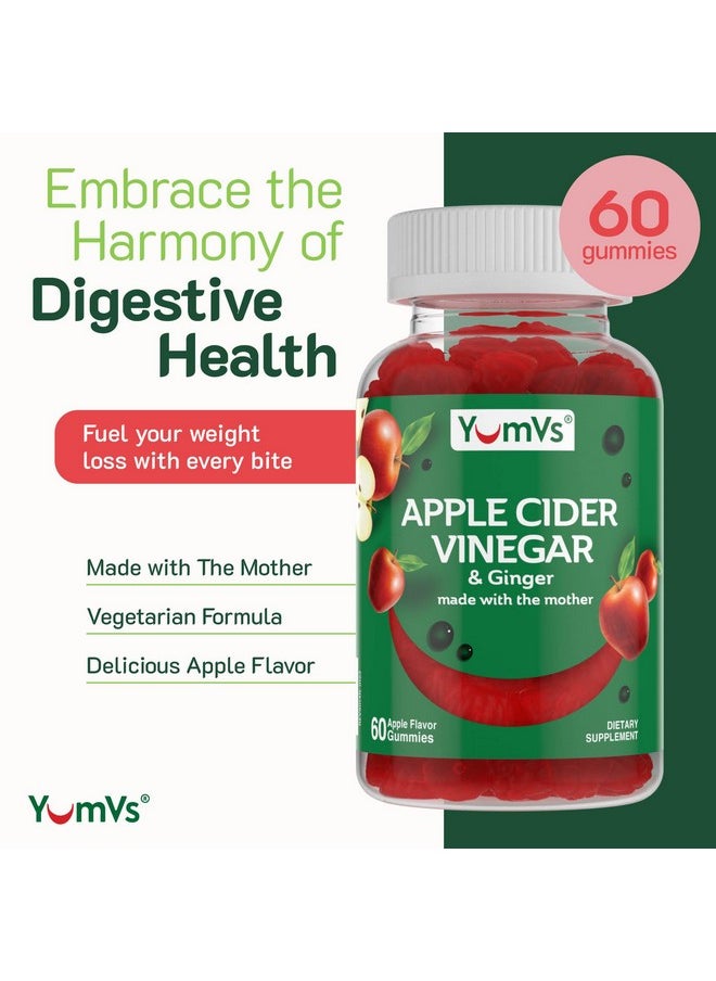 Apple Cider Vinegar Gummies with The Mother + Ginger by YumVs | Non GMO, Vegetarian Supplement for Women & Men | Heart Health and Digestive Support | Natural Apple Flavor Chewables - 60 Count