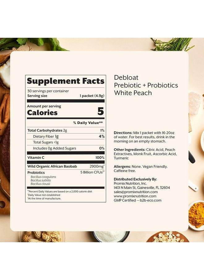 Promix Debloat Prebiotics and Probiotics for Digestive Health, Bloating Relief, Gut Health, Candida Cleanse - White Peach - 30 Count